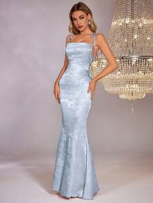 PARTHEA Women's Backless Criss-Cross Strap Jacquard Satin Maxi Dress - Blue - View 7