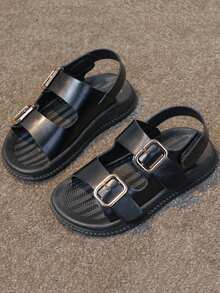 Sandalias de bebé niño cómodas y elegantes de unicolor con punta redonda y cierre de gancho y bucle - Negro - Ver 1