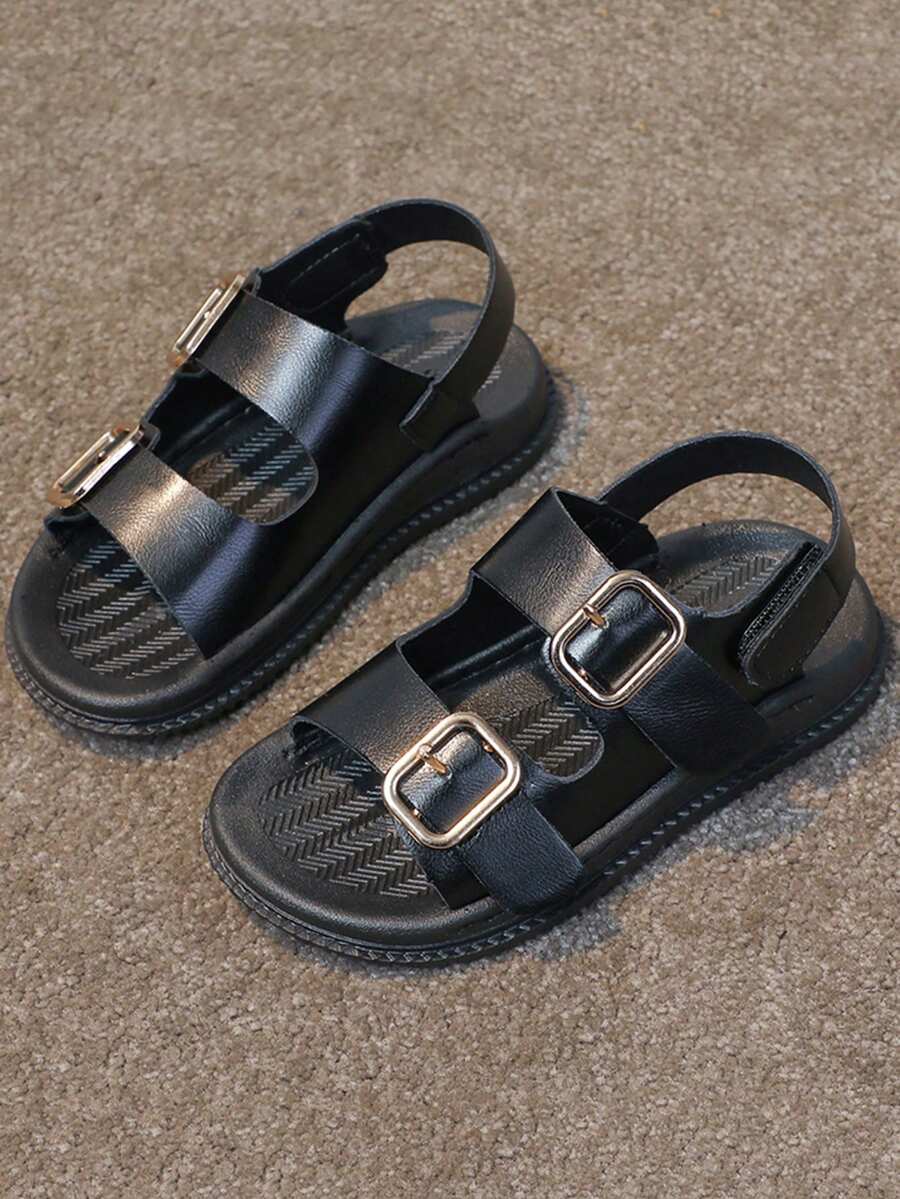 Sandalias de bebé niño cómodas y elegantes de unicolor con punta redonda y cierre de gancho y bucle - Negro - Ver 1