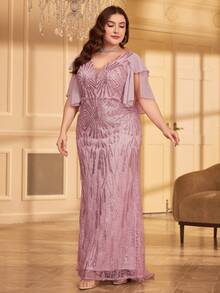 Plus Size Elegant Sequin Dress, Bridal Gown, Birthday Women's Outfit, Graduation Dress, Formal Dress - Pink - View 3
