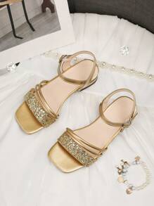 1 Pair Girls' Summer Gold Princess High Heeled Sandals - Gold - View 5