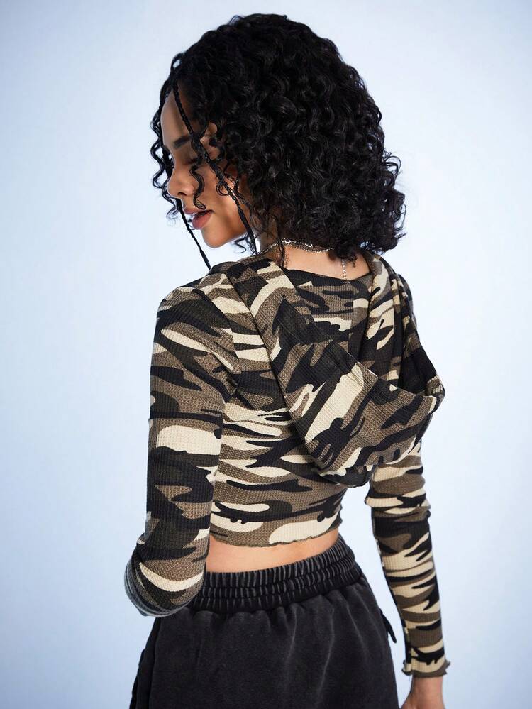 Women'S Camouflage Print Zipper Front Drawstring Hoodie