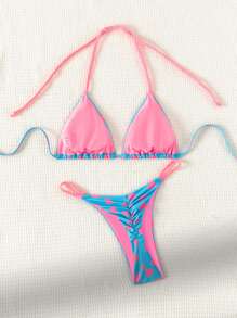 Swim Mod Summer Beach Heart Print Halter Neck Separated Bikini Set Music Festival - Multicolor - View 2