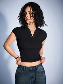 Forever 21 女式鋸齒下擺連帽短t恤 - 黑色 - 查看 4