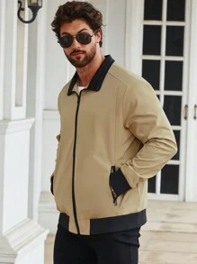Manfinity Homme 男士加大撞色领拉链户外风衣夹克 - 卡其色 - 查看 5