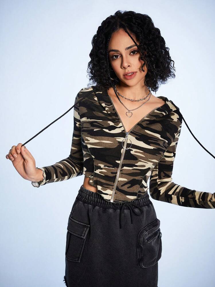 Women'S Camouflage Print Zipper Front Drawstring Hoodie