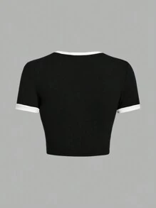 SHEIN EZwear 女士休闲“我爱我的男朋友”拼色修身短袖 T 恤，适合夏季 - 黑與白 - 查看 2