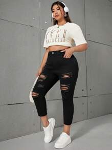 SHEIN ICON Blugi skinny Capri, cu talie înaltă, cu talie înaltă - Negru - Vizualizare 5