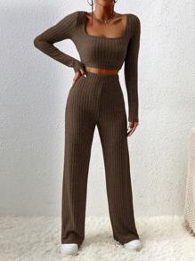 EURMUSE Ladies' Long Sleeve Crop Top And Pants Set - Brown - View 6
