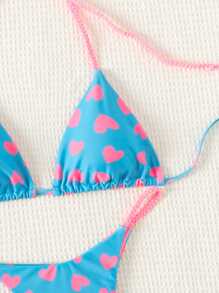 Swim Mod Summer Beach Heart Print Halter Neck Separated Bikini Set Music Festival - Multicolor - View 6