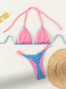 Swim Mod Summer Beach Heart Print Halter Neck Separated Bikini Set Music Festival - Multicolor - View 5