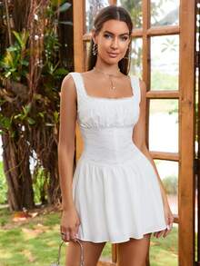 PARTHEA Backless Square Neck Lace Spliced Ruched Bodycon Dress - White - View 8