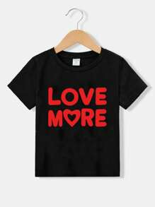 Valentine's Day Casual Round Neck Short Sleeve T-Shirt Containing Cotton, Suitable For Young Boys In Summer, Family Outfits, Hearts, I ❤ More, Red