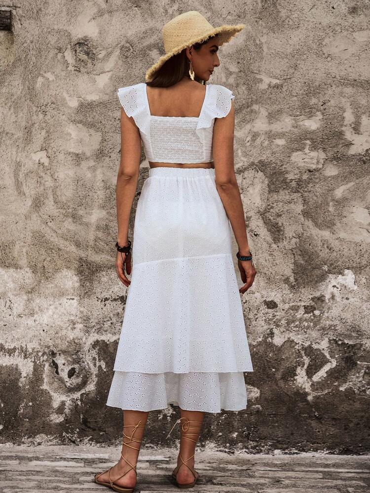 Ladies' Plain Color Ruffle Detail Decorated Casual Two Piece Set