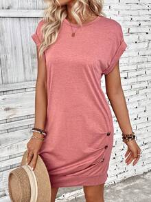 SHEIN LUNE Women's Batwing Short Sleeve Round Neck Dress - Rusty Rose - View 6