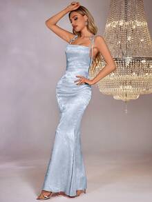 PARTHEA Women's Backless Criss-Cross Strap Jacquard Satin Maxi Dress - Blue - View 5