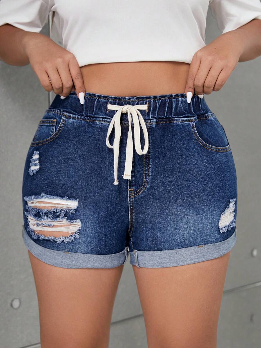 SHEIN EZwear Pantaloni scurți ultrascurți, elastici, învechiți, cu talie înaltă, de vară Y2k - Albastru - Vizualizare 1