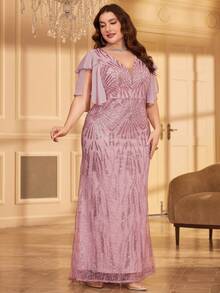 Plus Size Elegant Sequin Dress, Bridal Gown, Birthday Women's Outfit, Graduation Dress, Formal Dress - Pink - View 5