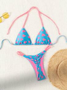 Swim Mod Summer Beach Heart Print Halter Neck Separated Bikini Set Music Festival - Multicolor - View 1