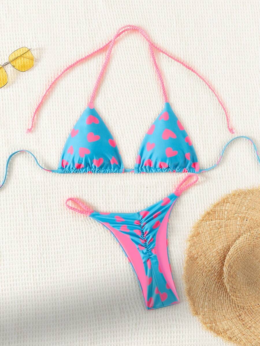 Swim Mod Summer Beach Heart Print Halter Neck Separated Bikini Set Music Festival - Multicolor - View 1