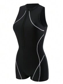 Swim SPRTY 女款拼色側縫前拉鍊連身泳衣嘉年華 - 黑色 - 查看 4