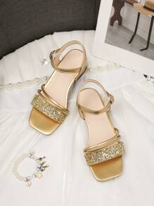1 Pair Girls' Summer Gold Princess High Heeled Sandals - Gold - View 3