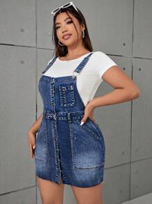 SHEIN EZwear Kích thước lớn Co giãn Gợi cảm Denim Overall Đầm Mini In Xanh - Màu xanh lam - Xem 4