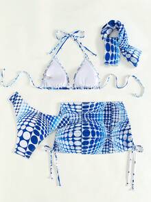 SHEIN Swim 夏季海滩四件套比基尼套装，带波尔卡圆点印花 - 分离式上衣和下装嘉年华 - 彩色 - 查看 4