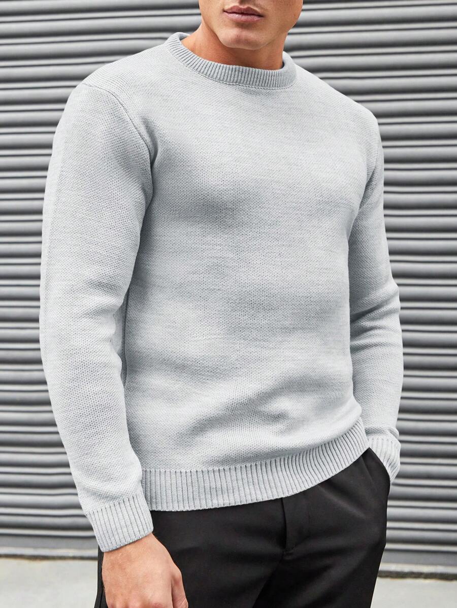 EURMUSE Men's Round Neck Long Sleeve Sweater - Light Grey - View 1