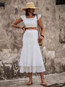 Breezaya Ladies' Plain Color Ruffle Detail Decorated Casual Two Piece Set - White - View 3