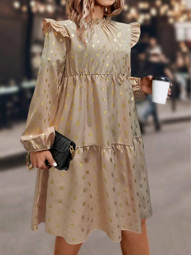 Plus Size Women's Frill Hem Gold Foil Printed Dress