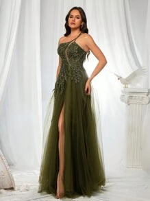 VIPGIRL 无袖亮片网眼舞会礼服，不对称领口设计，优雅正式晚宴婚礼宾客礼服，适合毕业典礼、晚宴派对礼服