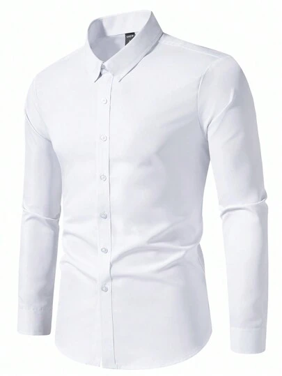 Manfinity Mode Camisa de manga larga con botones de unicolor liso para hombre, para esposo, trabajo, otoño, estilo de dinero antiguo