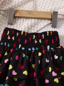 SHEIN Young Girl Casual Heart Printed Skirt With Shirred Elastic Waistband - Multicolor - View 3