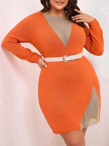 SHEIN Clasi Women's Orange Plus Size Sweater Dress With Deep V-Neck And Side Slit