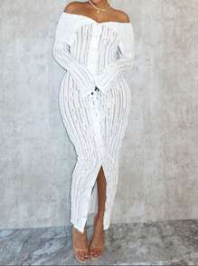 Women's Off-Shoulder Long Sleeve Knitted Dress - White - View 5