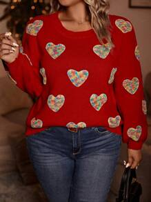 Calvaya Plus Size Heart Pattern Drop Shoulder Sweater