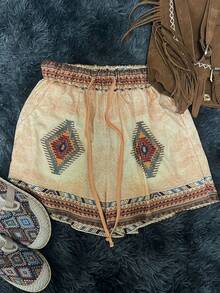 女士時尚復古風格幾何圖案短褲 - 杏色 - 查看 3