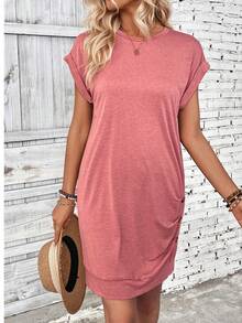 SHEIN LUNE Women's Batwing Short Sleeve Round Neck Dress - Rusty Rose - View 5