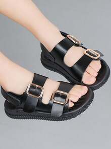 Sandalias de bebé niño cómodas y elegantes de unicolor con punta redonda y cierre de gancho y bucle - Negro - Ver 3