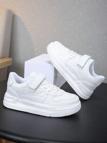 儿童春秋季纯色学生风易穿厚底运动鞋，采用松紧带魔术贴设计，可调节，方便穿脱，适合日常穿搭，白色运动鞋/休闲鞋 - 白色 - 查看 4