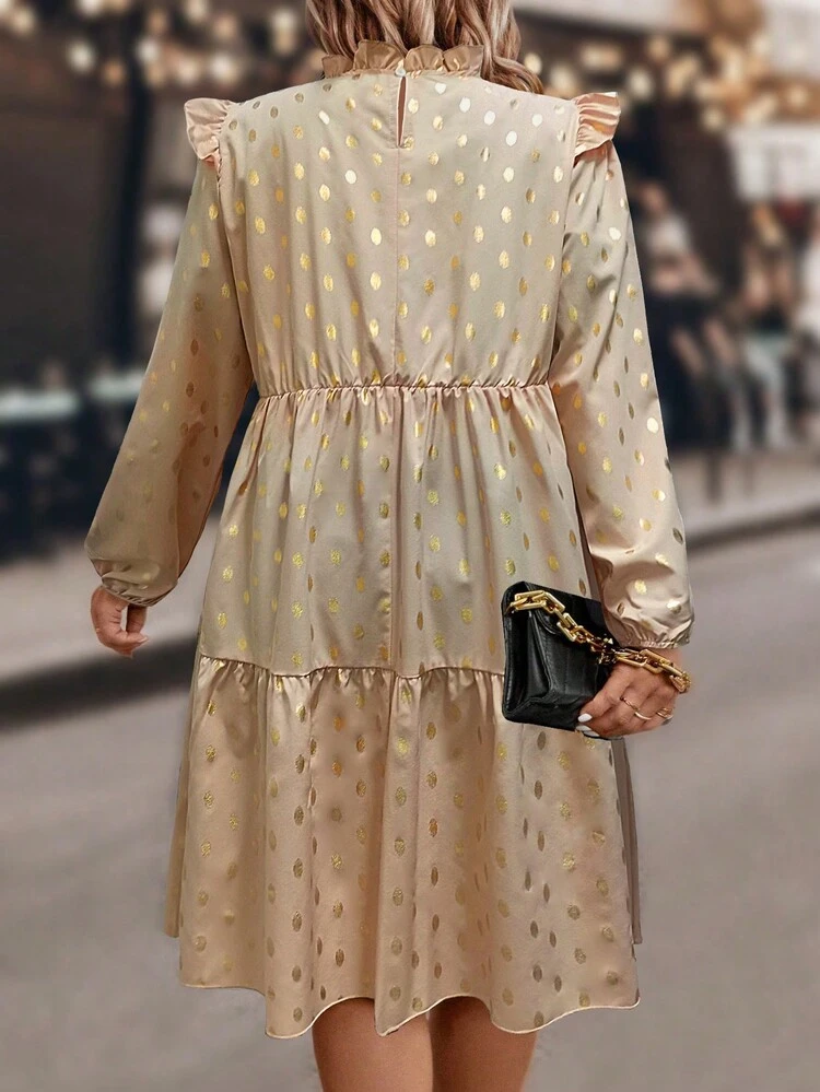 Plus Size Women's Frill Hem Gold Foil Printed Dress