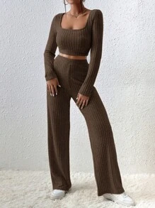 EURMUSE Ladies' Long Sleeve Crop Top And Pants Set - Brown - View 1