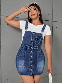 SHEIN EZwear Kích thước lớn Co giãn Gợi cảm Denim Overall Đầm Mini In Xanh - Màu xanh lam - Xem 1