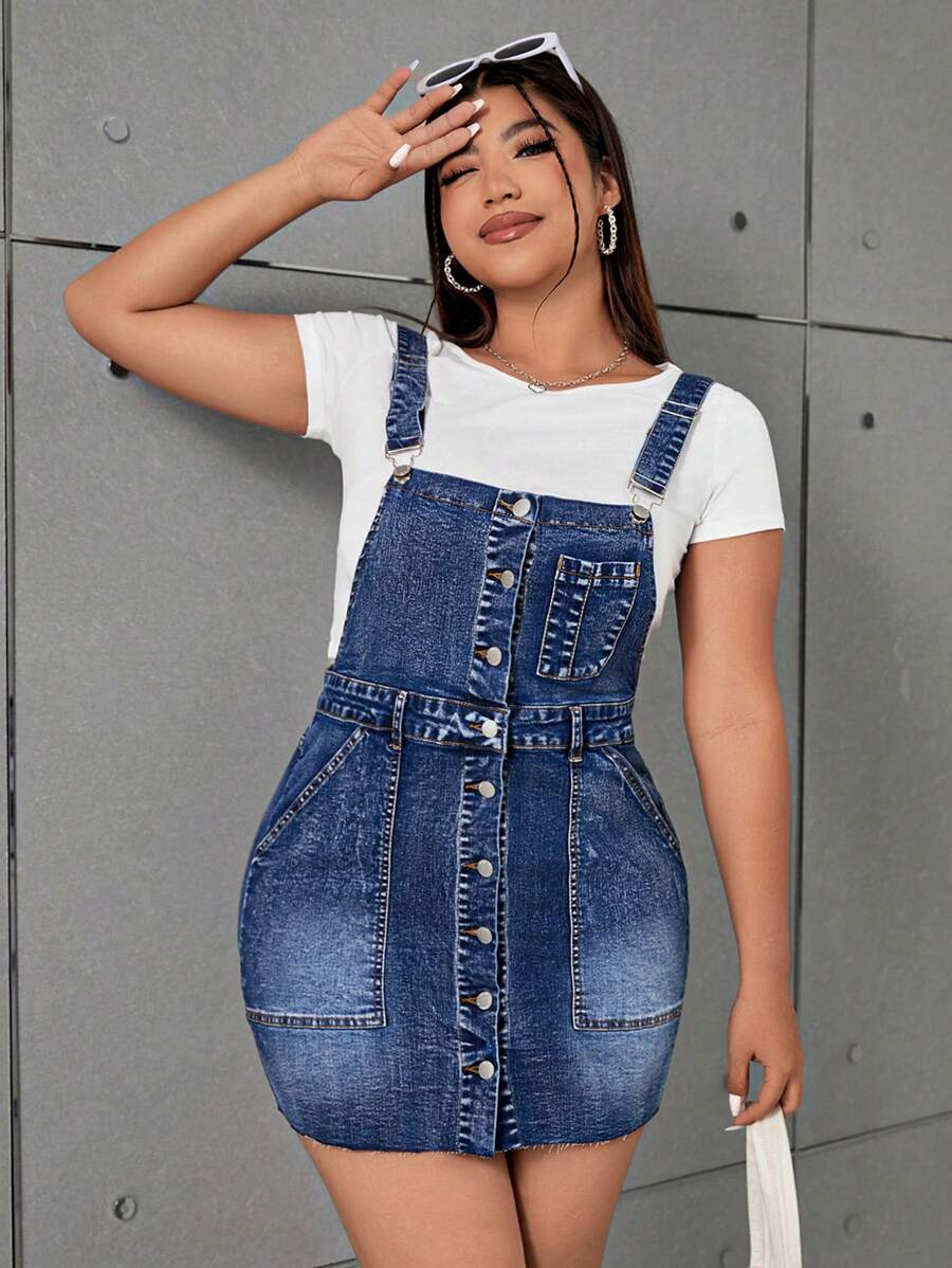 SHEIN EZwear Kích thước lớn Co giãn Gợi cảm Denim Overall Đầm Mini In Xanh - Màu xanh lam - Xem 1