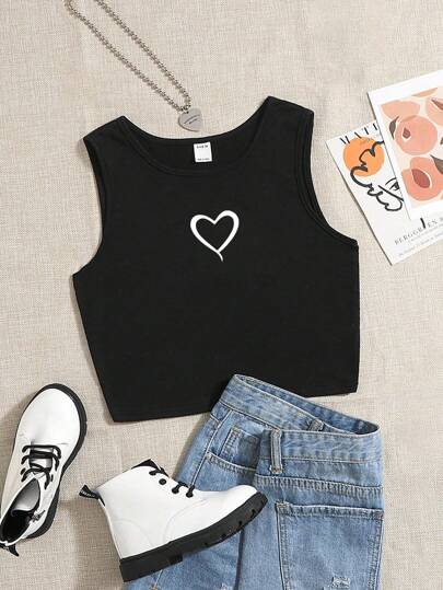 SHEIN Tween Girl Casual Simple Heart Pattern Regular Tank Top For Summer