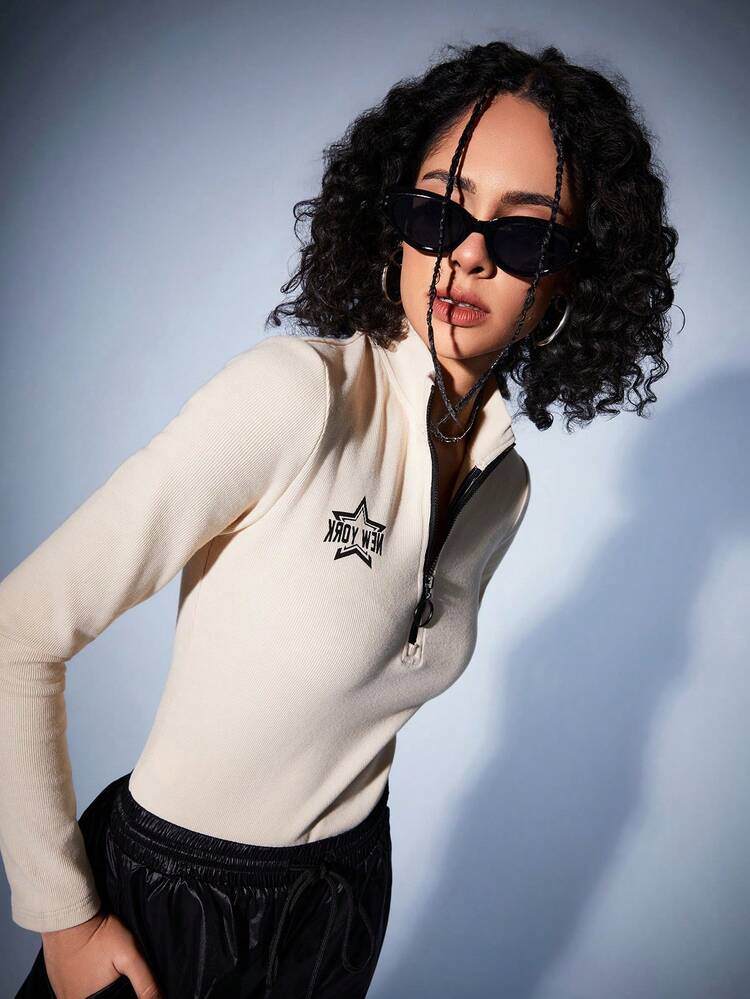 Women's Long Sleeve Letter & Star Print Bodysuit