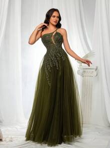 VIPGIRL 无袖亮片网眼舞会礼服，不对称领口设计，优雅正式晚宴婚礼宾客礼服，适合毕业典礼、晚宴派对礼服