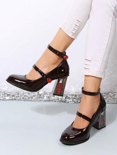 Goth Women Minimalist Floral Decor Chunky Heeled Ankle Strap Pumps, Elegant Outdoor Pumps