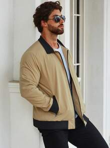 Manfinity Homme 男士加大撞色领拉链户外风衣夹克 - 卡其色 - 查看 6